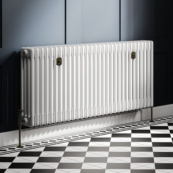 Chatsworth 600 x 1370mm Cast Iron Style 4 Column White Radiator   Rustic Brass Wall Stay Brackets and Thermostatic Valves - Image 2