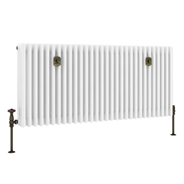 Chatsworth 600 x 1370mm Cast Iron Style 4 Column White Radiator   Rustic Brass Wall Stay Brackets and Thermostatic Valves - Image 7