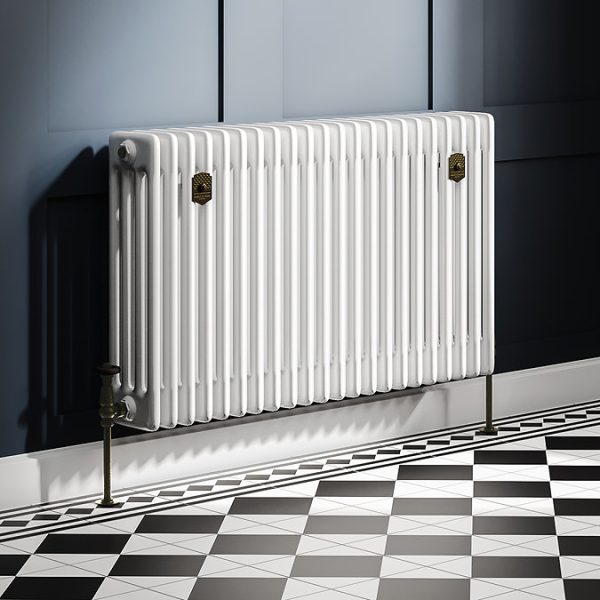 Chatsworth 600 x 1010mm Cast Iron Style 4 Column White Radiator   Rustic Brass Wall Stay Brackets and Thermostatic Valves - Image 2