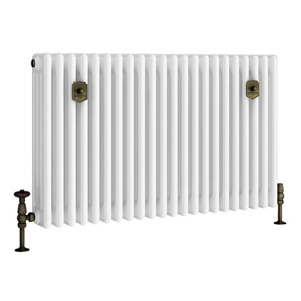 Chatsworth 600 x 1010mm Cast Iron Style 4 Column White Radiator   Rustic Brass Wall Stay Brackets and Thermostatic Valves - Image 7