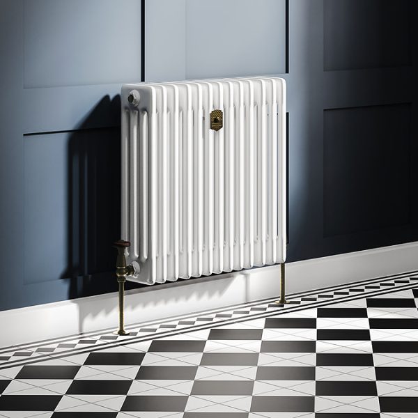 Chatsworth 600 x 605mm Cast Iron Style 4 Column White Radiator   Rustic Brass Wall Stay Bracket and Thermostatic Valves - Image 2