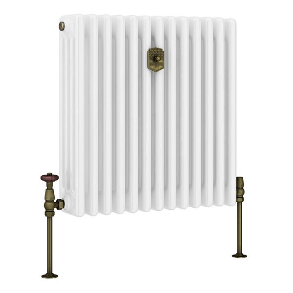 Chatsworth 600 x 605mm Cast Iron Style 4 Column White Radiator   Rustic Brass Wall Stay Bracket and Thermostatic Valves - Image 7