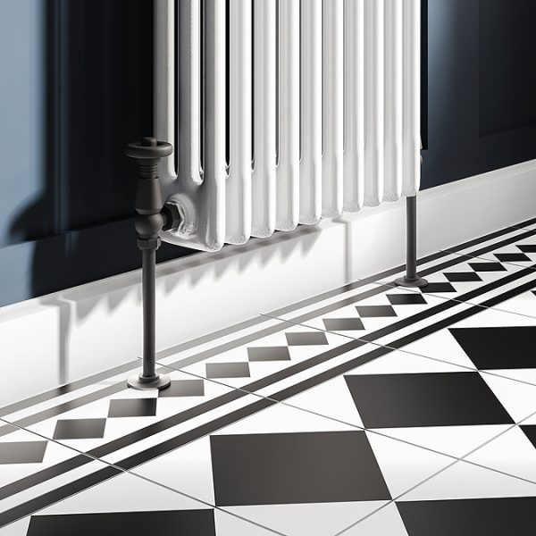 Chatsworth 1800 x 470mm Cast Iron Style 3 Column White Radiator   Matt Black Wall Stay Bracket and Thermostatic Valves - Image 2