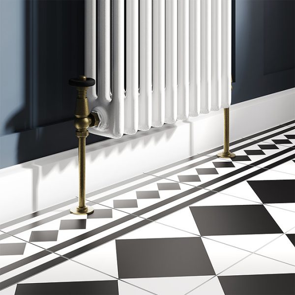 Chatsworth 1800 x 470mm Cast Iron Style 3 Column White Radiator   Rustic Brass Wall Stay Bracket and Thermostatic Valves - Image 2