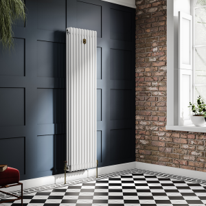 Chatsworth 1800 x 470mm Cast Iron Style 3 Column White Radiator   Rustic Brass Wall Stay Bracket and Thermostatic Valves