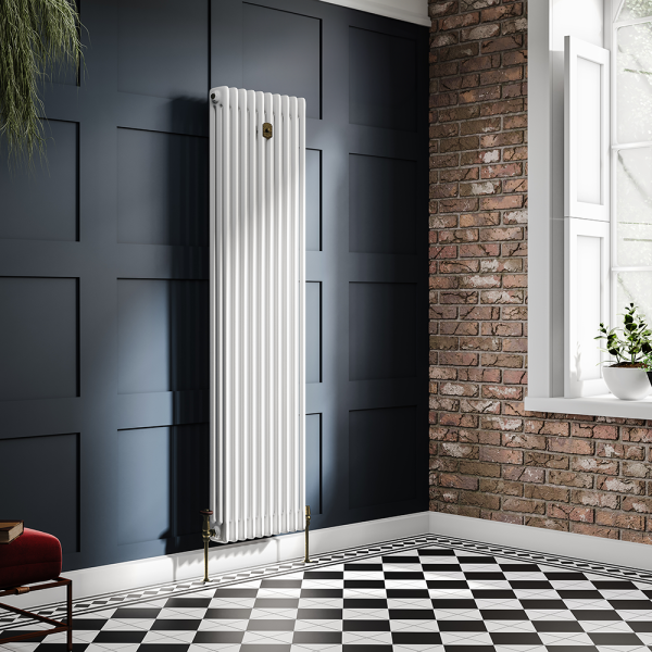 Chatsworth 1800 x 470mm Cast Iron Style 3 Column White Radiator   Rustic Brass Wall Stay Bracket and Thermostatic Valves