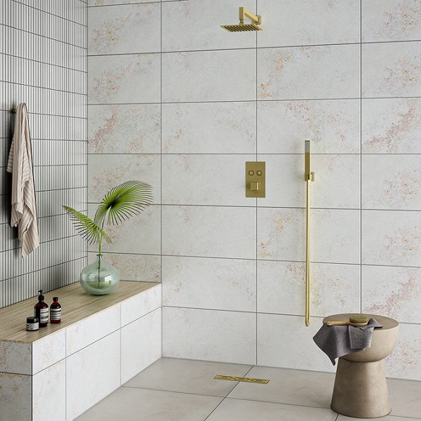Arezzo Square Brushed Brass Push Button Shower with Handset + 200mm Rainfall Shower Head - Image 5