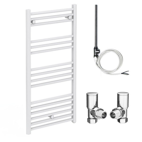 Diamond White 500 x 1000mm Straight Heated Towel Rail (incl. Valves + Electric Heating Kit)