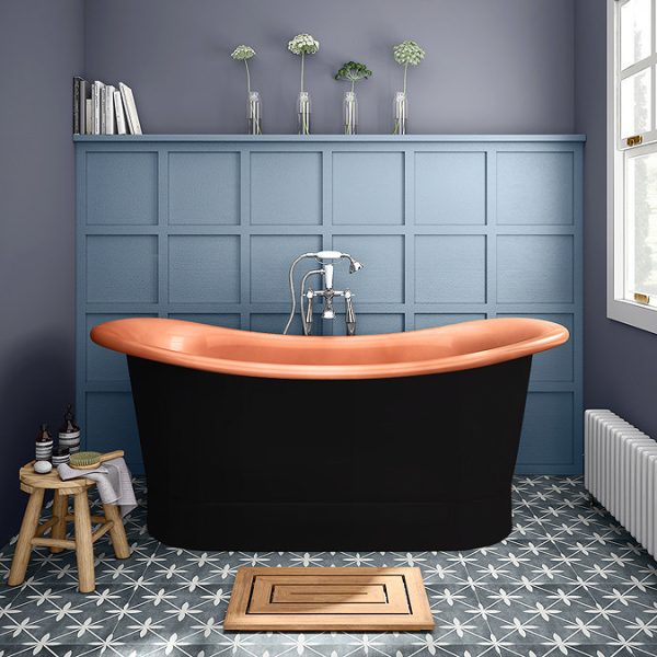 Trafalgar Matt Black 1700 x 710mm Double Ended Slipper Roll Top Bath Tub (Copper Inside) - Image 3
