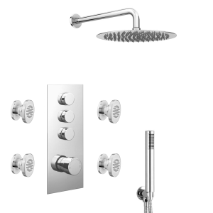 Cruze Round Push Button Shower Valve Pack with Handset, 4 Body Jets + Shower Head