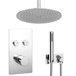 Cruze Round Push Button Ceiling Mounted Shower Pack (with Handset + Rainfall Shower Head)