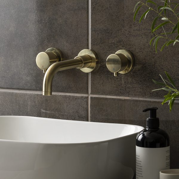 Arezzo Round Brushed Brass Wall Mounted (3TH) Basin Mixer Tap - Image 4