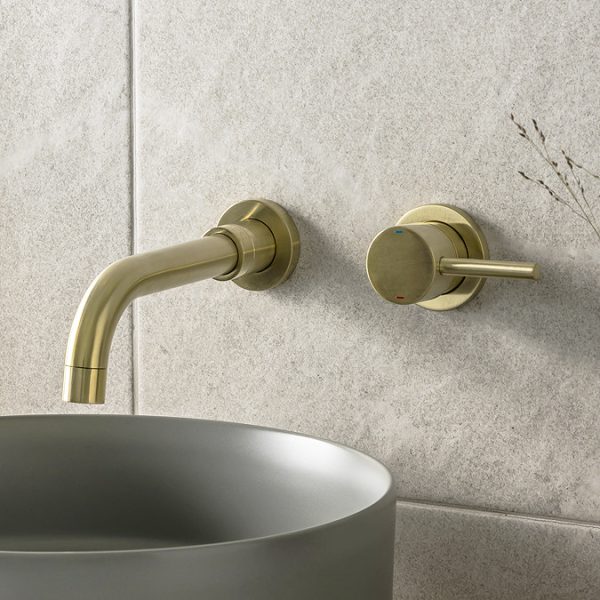 Arezzo Round Brushed Brass Wall Mounted Tap Package (Bath + Basin Tap) - Image 4