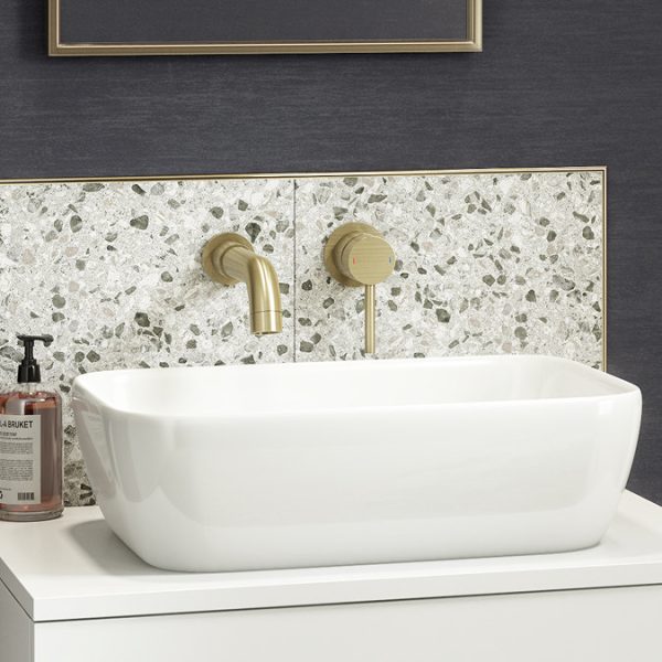 Arezzo Round Brushed Brass Wall Mounted (2TH) Basin Mixer Tap - Image 2