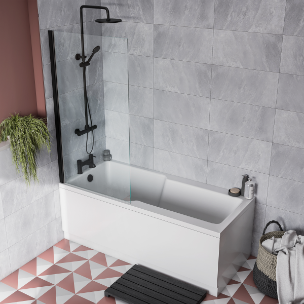 EcoDelux Premiercast Shower Bath   1700 x 750 with Matt Black Bath Screen