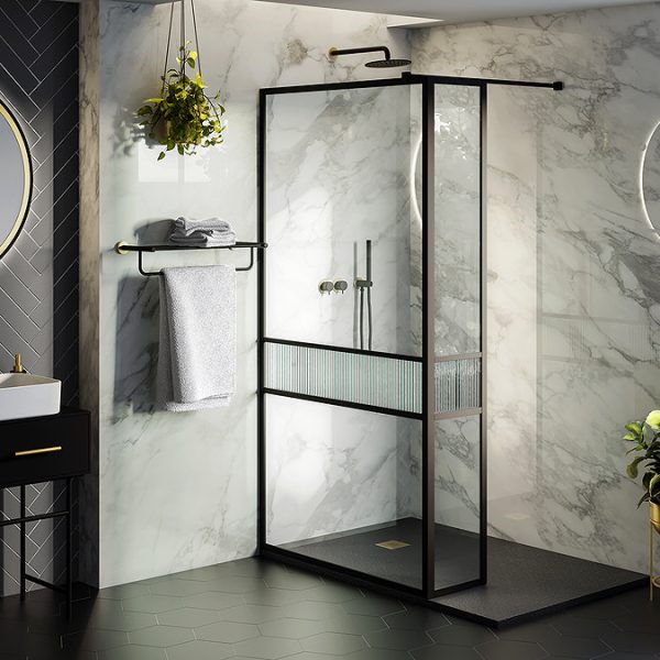 Imperia 1400 x 800mm Black Slate Effect Rectangular Shower Tray + Brushed Brass Waste - Image 2