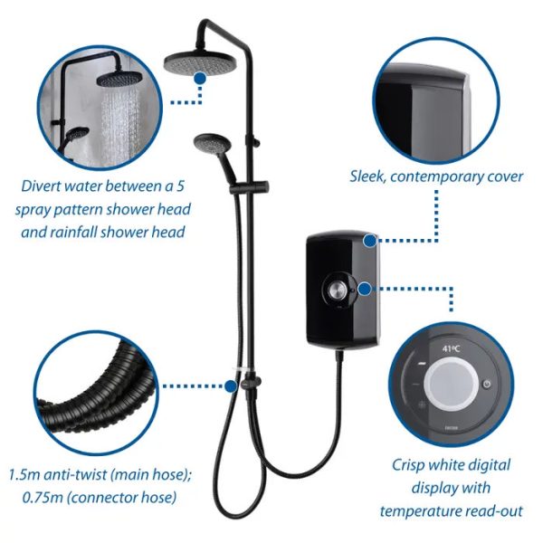 Triton Amore DuElec 9.5kw Electric Shower   Gloss Black - Image 4