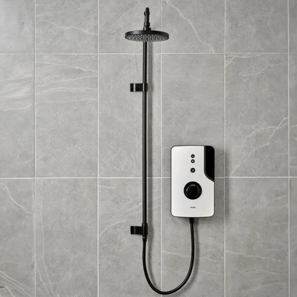 Triton ENlight Thermostatic White Electric Shower with Black UNIQ Shower Kit