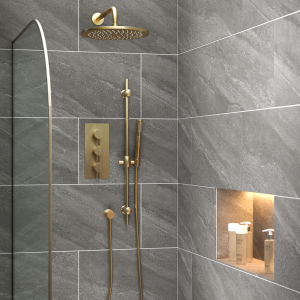 Arezzo Brushed Brass Round Shower System   300mm Fixed Head with Slider Rail Kit