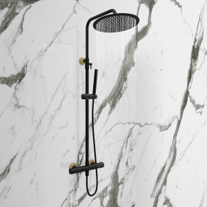 Gatsby Deluxe Cool Touch Round Thermostatic Shower (250mm Head   Matt Black & Brushed Brass)