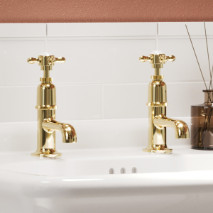 Burlington Guild Basin Long Nose Pillar Taps   Gold