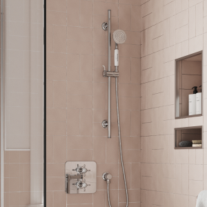 Burlington Guild Square Thermostatic Single Outlet Concealed Shower Valve with Rail, Hose, Handset & Outlet Elbow   Chrome