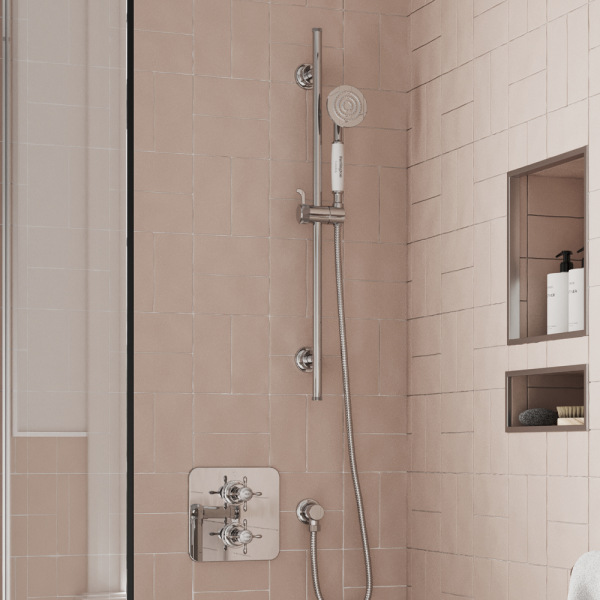 Burlington Guild Square Thermostatic Single Outlet Concealed Shower Valve with Rail, Hose, Handset & Outlet Elbow   Chrome