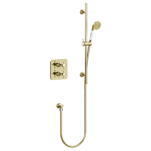 Burlington Guild Square Thermostatic Single Outlet Concealed Shower Valve with Rail, Hose, Handset & Outlet Elbow   Gold