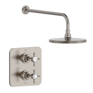 Burlington Guild Square Thermostatic Single Outlet Concealed Shower Valve with Fixed Shower Arm & Head   Brushed Nickel