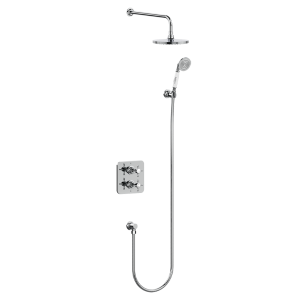 Burlington Guild Square Thermostatic 2 Outlet 2 Handle Shower Valve, Fixed Arm & Head, Holder & Handset with Hose & Outlet Elbow   Chrome