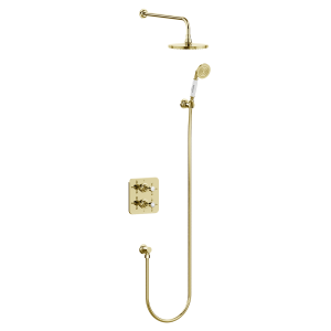 Burlington Guild Square Thermostatic 2 Outlet 2 Handle Shower Valve, Fixed Arm & Head, Holder & Handset with Hose & Outlet Elbow   Gold