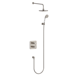 Burlington Guild Square Thermostatic 2 Outlet 2 Handle Shower Valve, Fixed Arm & Head, Holder & Handset with Hose & Outlet Elbow   Brushed Nickel