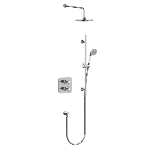 Burlington Guild Square Thermostatic Concealed 2 Outlet 2 Handle Shower Valve with Shower Arm & Head, Rail, Hose, Handset & Outlet   Chrome