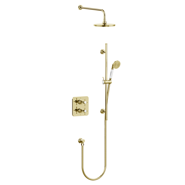 Burlington Guild Square Thermostatic Concealed 2 Outlet 2 Handle Shower Valve with Shower Arm & Head, Rail, Hose, Handset & Outlet   Gold