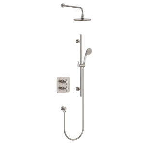 Burlington Guild Square Thermostatic Concealed 2 Outlet 2 Handle Shower Valve with Shower Arm & Head, Rail, Hose, Handset & Outlet   Brushed Nickel