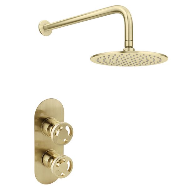 Arezzo Brushed Brass Industrial Style Shower System with Concealed Valve + Head - Image 2