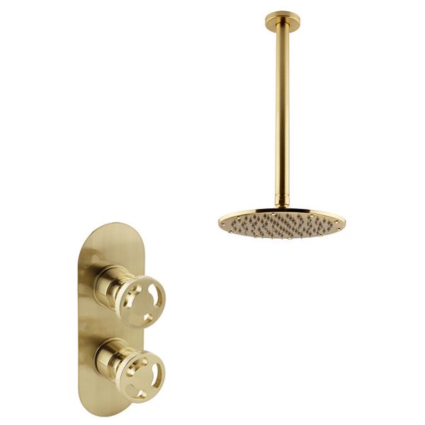 Arezzo Brushed Brass Industrial Style Shower System with Concealed Valve + Ceiling Mounted Head - Image 2