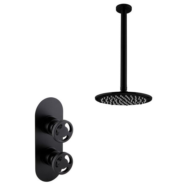 Arezzo Matt Black Industrial Style Shower System with Concealed Valve + Ceiling Mounted Head - Image 2