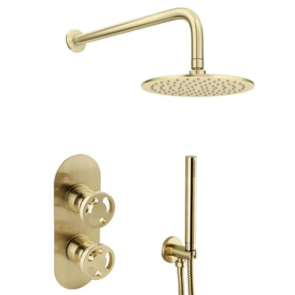 Arezzo Brushed Brass Industrial Style Shower System with Concealed Valve, Head + Handset - Image 2
