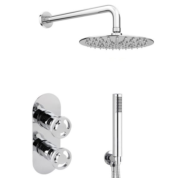 Arezzo Chrome Industrial Style Shower System with Concealed Valve, Head + Handset - Image 2