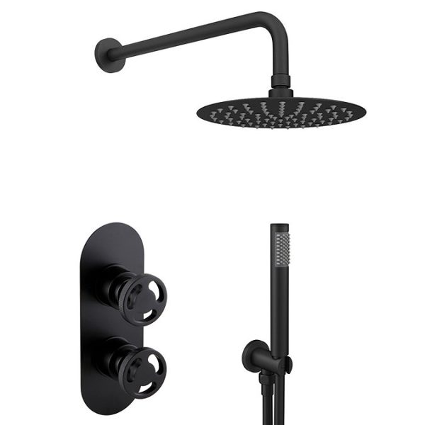 Arezzo Matt Black Industrial Style Shower System with Concealed Valve, Head + Handset - Image 2