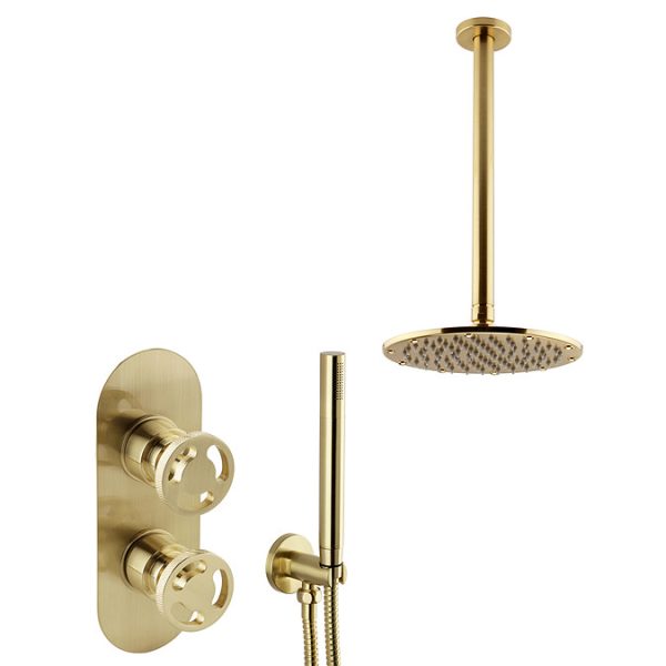 Arezzo Brushed Brass Industrial Style Shower System with Concealed Valve, Handset + Ceiling Mounted Head - Image 2