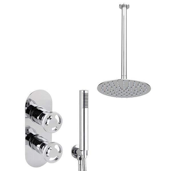 Arezzo Chrome Industrial Style Shower System with Concealed Valve, Handset + Ceiling Mounted Head - Image 2