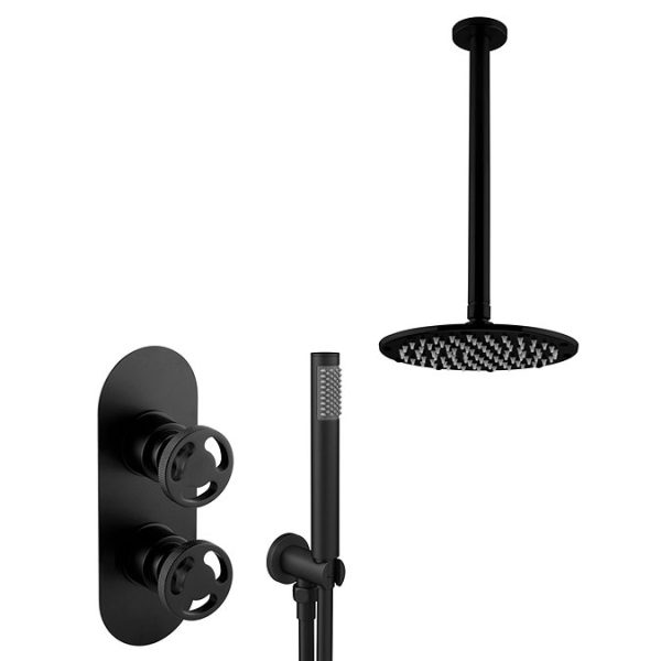 Arezzo Matt Black Industrial Style Shower System with Valve, Handset + Ceiling Mounted Head - Image 2