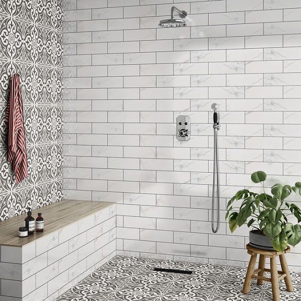 Chatsworth 1928 Black Traditional Push Button Shower Valve Pack with Handset + Rainfall Shower Head - Image 3