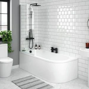 J Shaped Shower Bath (1700mm with Screen + Curved Panel)