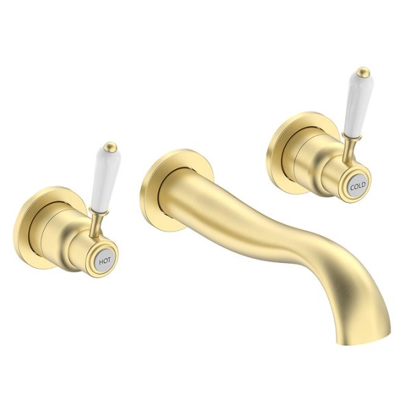 Lancaster Traditional Brushed Brass Wall Mounted Lever Basin Mixer Tap - Image 4