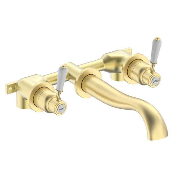 Lancaster Traditional Brushed Brass Wall Mounted Lever Basin Mixer Tap - Image 2