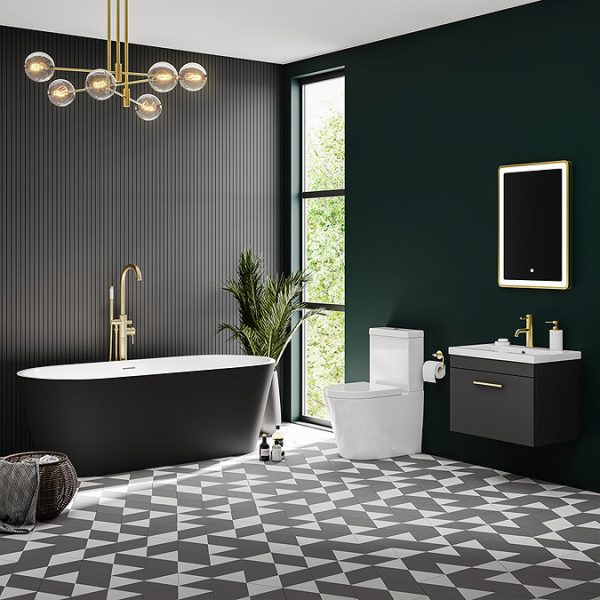 Brooklyn Matt Black Exterior 1700 x 800mm Double Ended Freestanding Bath with Brushed Brass Waste - Image 3