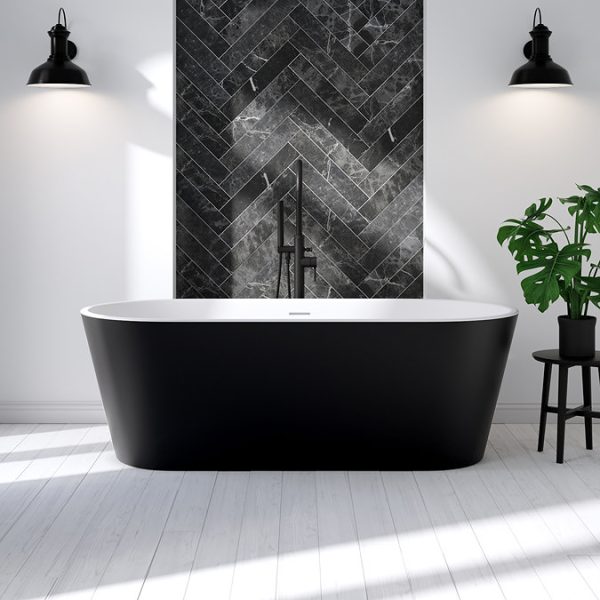 Brooklyn Matt Black Exterior 1700 x 800mm Double Ended Freestanding Bath with Brushed Brass Waste - Image 5